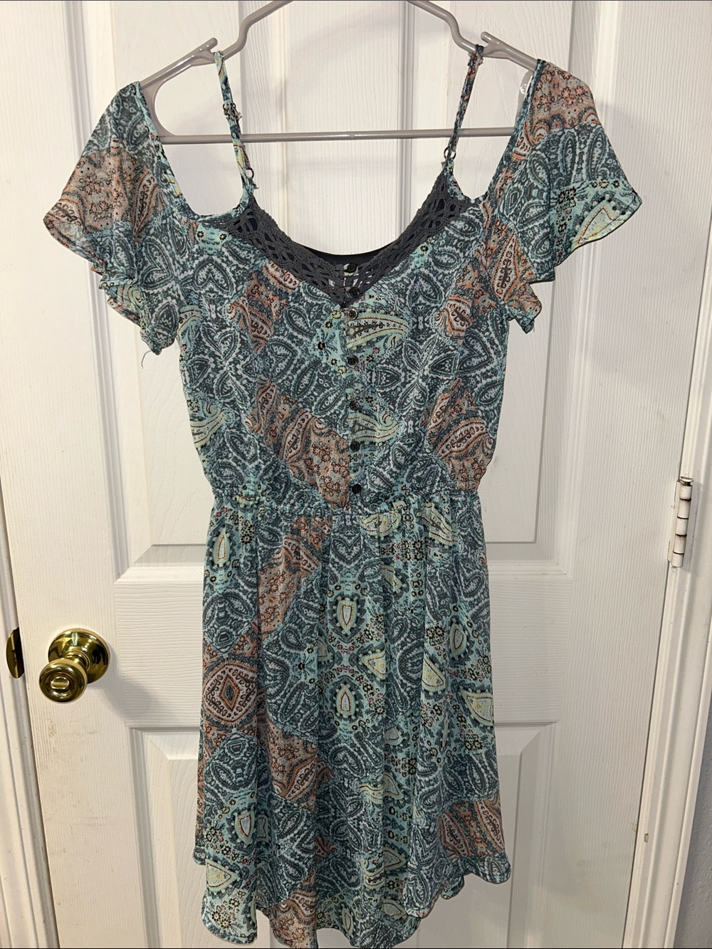 Xhilaration Teal and Brown Paisley Cold-Shoulder Mini Dress